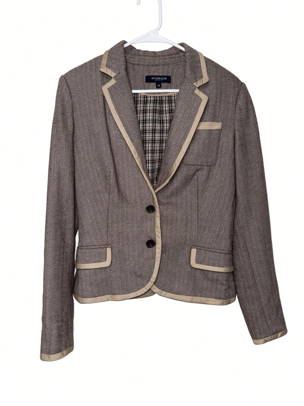 MCGREGOR Herringbone Blazer 38 Wool Blend Elbow Patches Beige Piping